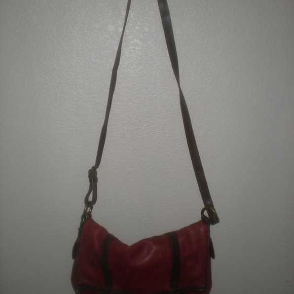 LUCKY Brand  Red  Leather  Fold Over  Bag Shoulder Bag Tote - Picture 5 of 9